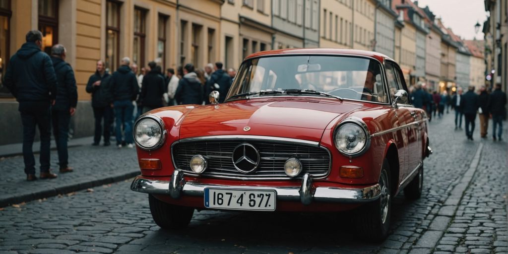 Vintage cars in Heidelberg rally through historic city streets.