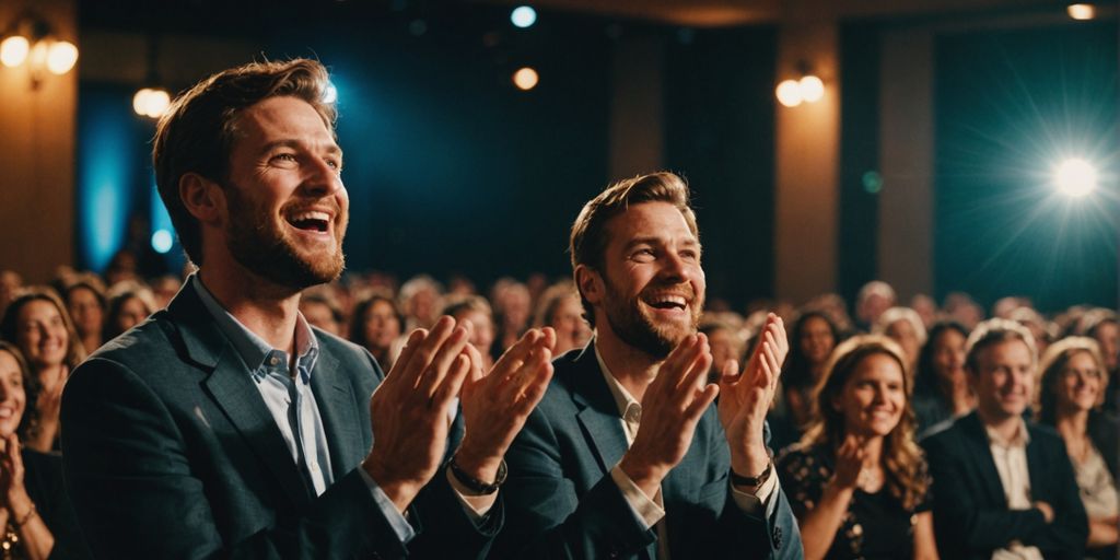 Comedians on stage, audience laughing and clapping at jokes.