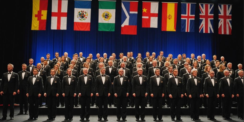 Choir on stage with flags from various countries