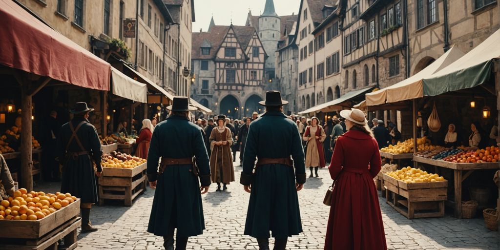 Medieval market scene with historical costumes and vibrant stalls