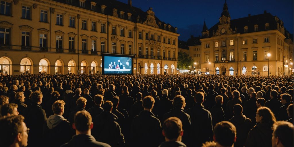 People watching a movie outdoors in Heidelberg at night.