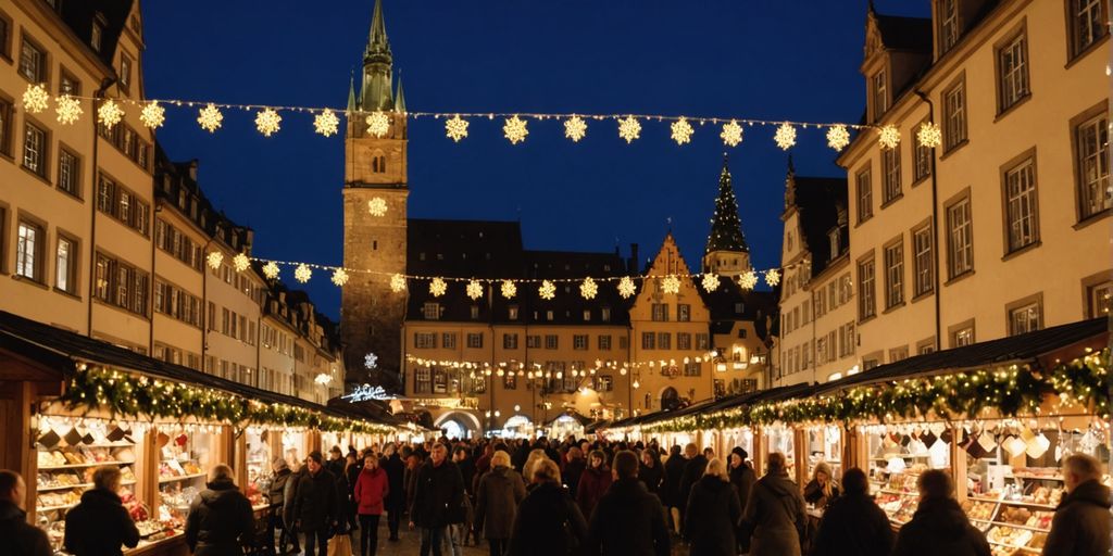 Heidelberg Christmas Market with lights and festive stalls.