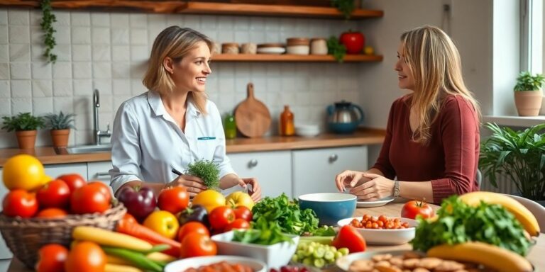 Ernährungsberaterin im Gespräch mit Klientin in Küche.