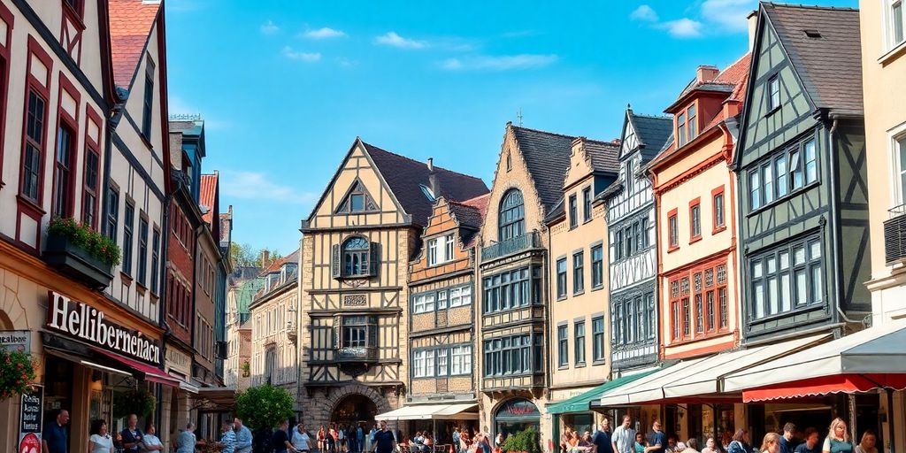 Lebendige Straßenansicht von Heidelberg mit Cafés und Architektur.