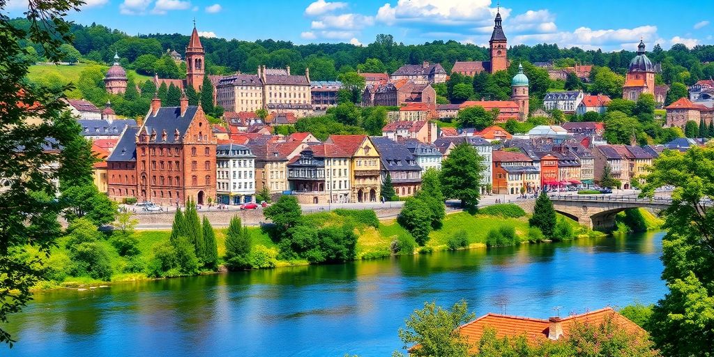 Heidelberger Altstadt und Neckar mit Stadtblick.