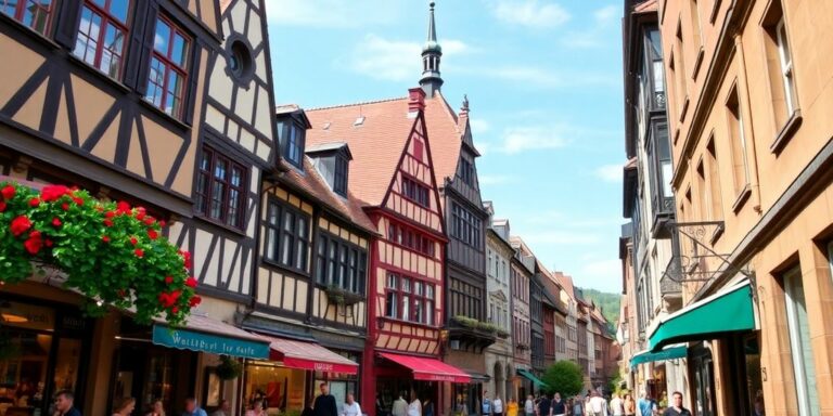 Hübsche Heidelberger Straße mit historischen Gebäuden und Cafés.