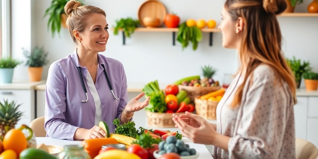 Ernährungsberater spricht mit Klient über gesunde Ernährung.