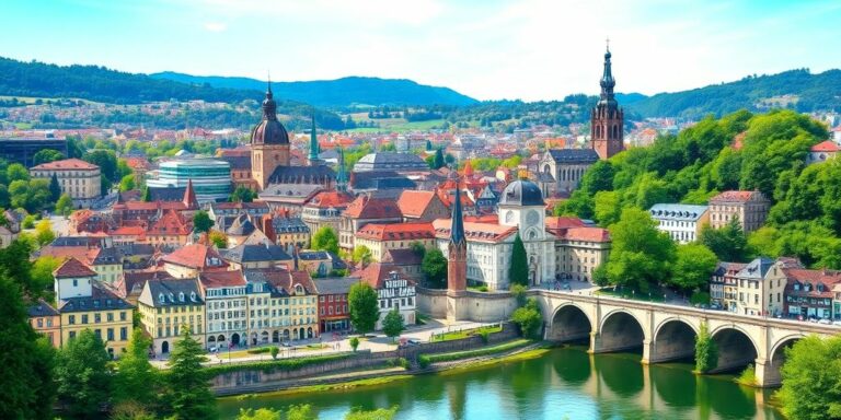 Stadtansicht von Heidelberg mit historischen Gebäuden.